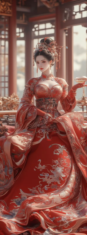 Score_9, score_8_up, score_7_up, a beautiful beauty with ancient oriental charm, wearing a red gold phoenix embroidered wedding dress, with an elegant frontal posture, surrounded by the splendor of a luxurious wedding banquet. With her long legs stretched out on the ground and a cup of tea in her hand, she exuded a calm demeanor. The Tang Dynasty-style headdress and jewelry added to her beauty, while the red open sleeves and thin shoulders highlighted her curves. In the background, the luxurious interiors of the mansion create a lively atmosphere, and the panoramic view transports the viewer into this unforgettable moment. Movie special effects style.