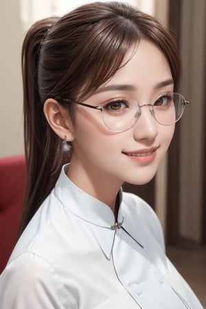 Real, masterpiece, highest quality, raw photo, 1 girl, solo, ponytail, 46 points diagonal bangs, brown hair, detailed face, glamorous face, evil smile, silver-rimmed glasses, white aodai, tight aodai, big breasts, dynamic pose, viewer's eye, from below, detailed background, detailed interior, intricate details, ray tracing, depth of field, low key, HDR, acjc,perfect light,