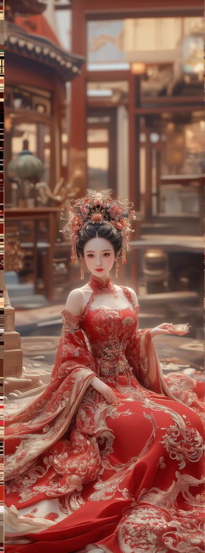 Score_9, score_8_up, score_7_up, a beautiful beauty with ancient oriental charm, wearing a red gold phoenix embroidered wedding dress, with an elegant frontal posture, surrounded by the splendor of a luxurious wedding banquet. With her long legs stretched out on the ground and a cup of tea in her hand, she exuded a calm demeanor. The Tang Dynasty-style headdress and jewelry added to her beauty, while the red open sleeves and thin shoulders highlighted her curves. In the background, the luxurious interiors of the mansion create a lively atmosphere, and the panoramic view transports the viewer into this unforgettable moment. Movie special effects style.