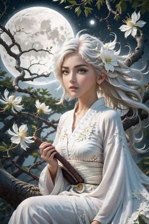 art style, intricate Portrait of  beautiful Japanese girl ,siting on tree, paying flute with white flowy hair wearing a treditonal white , white dress with a silk vibrant white color, hyperdetailed face, hyperdetailed eyes, sharp focus on eyes, 8k UHD, work of beauty and inspiration, flowercore, wide angle  ,alberto seveso style ,A white  flower petals flying with the wind ,large full-moon background ,  glowing fractal art elements  hazel eyes,Anime ,photo r3al