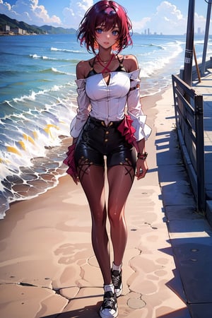 Beautiful grown woman, dark red hair, short hair with fade, bangs, large breasts, in bikini, normal sneaker, walking on sidewalk beach background, masterpiece, best quality,SHIRT