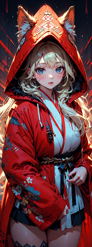 A girl with long blonde hair, fur hooded kimono, red hooded kimono, miniskirt, night streets. (Cinematic lighting, ethereal light, intricate details, extremely detailed, incredible details, full colored), complex details, hyper maximalist, masterpiece, best quality, HDR, UHD, unreal engine. head to thigh,