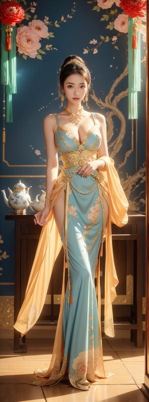 Ceramic material, beige gold tone, a 23-year-old Chinese beauty with an elegant and leisurely face, ((big natural breasts)),standing near a gorgeous single baroque sofa with a blue background and gold edges. Her outfit is predominantly white with navy blue trim and detailed with a detailed peony pattern. Her perfect long legs were exposed, and there was a blue and white porcelain teapot and teacup on the table next to the chair, indicating that this was a tea party. The floor beneath her feet was strewn with pearls and red beads. Directly behind the background is a gold-framed Chinese painting, and ornate interior decoration surrounds the central figure, adding to the luxurious feel of the scene.,pastelbg