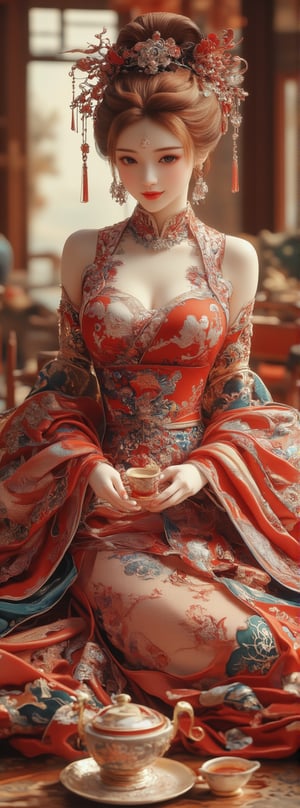 Score_9, score_8_up, score_7_up, a beautiful beauty with ancient oriental charm,((light orange hair)) wearing a red gold phoenix embroidered wedding dress, with an elegant frontal posture, surrounded by the splendor of a luxurious wedding banquet. With her long legs stretched out on the ground and a cup of tea in her hand, she exuded a calm demeanor. The Tang Dynasty-style headdress and jewelry added to her beauty, (while the teal )open sleeves and thin shoulders highlighted her curves. In the background, the luxurious interiors of the mansion create a lively atmosphere, and the panoramic view transports the viewer into this unforgettable moment. Movie special effects style.