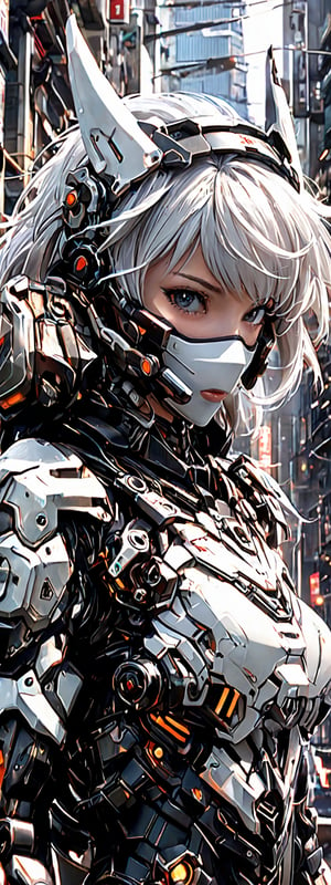 score_9, score_8_up, score_7_up, white hair,realistic skin texture, detailed anime, HD32k,1girl, solo, looking at viewer, short hair, bangs, mask, headgear, city battlefield, science fiction, covered mouth, mechanical ears, photography, closeup of face
