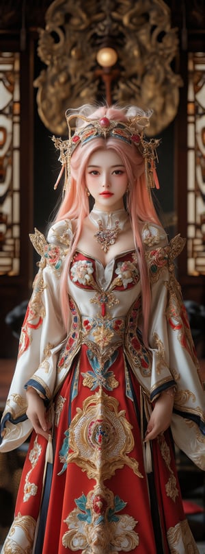 Score_9, score_8_up, score_7_up, A regal beauty stands majestically within an opulent ancient oriental palace, her lavish dress a masterpiece of ornate embellishments, intricate embroidery, and dazzling accessories.((light pink hair)) The traditional pattern-adorned silk fabric shimmers in harmony with bright colors and elaborate headdresses, blending Eastern aesthetics and martial arts flair. Framed by intricately carved wooden screens and sweeping archways, the stately subject's pose exudes confident poise, as if ready to unleash her inner warrior. Movie special effects grade style.