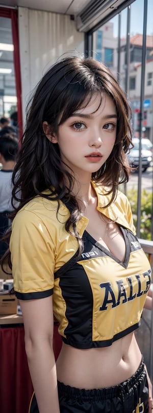 jet black hair, beautiful 1women, from san diego,((half body view)), california, wearing sports uniform,team name in golden written on shirt,masterpiece,highly detailed,Colorful portraits,sexy,seducing,leaning,medium breast,cleavage,chinese girls,best quality