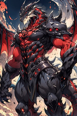 solo, red eyes, standing, tail, cowboy shot, wings, horns, teeth, armor, no humans, glowing, sharp teeth, glowing eyes, claws, monster,dragonknight