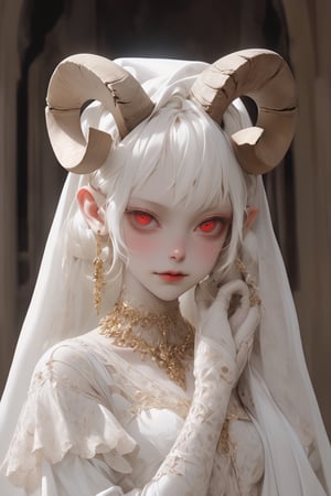 Aesthetics art,official art,
(full body),(long intricate horns:1.2) ,albino Carved porcelain cyborg demons girl, Pure white long Pigtail hair,different full body modelposition with enchantingly beautiful, alabaster skin, A benevolent smile,girl has Beautiful deep red eyes,soft expression,Depth and Dimension in the Pupils, Her porcelain-like white cyborg skin reflects an almost celestial glow,
Wearing medieval Arabian dress with a white theme,The gown is crafted from luxurious white fabrics, adorned with intricate golden embroidery that weaves across the bodice and sleeves,modest yet elegant necklace, featuring delicate white lace that adds a touch of refinement,real_booster,aesthetic portrait