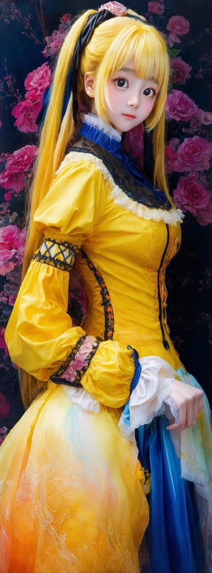 In a stunning watercolor painting, side view, Her long legs and toned physique are showcased in high definition. (yellow hair)The Victorian blouse, with swirling colors of orange, black, blue, and pink, hugs her curves. As she approaches perfection, her gaze meets the viewer's, exuding confidence and allure. Sharp focus and intricate details bring this digital artwork to life on Artstation, a concept piece that rivals 8K quality, blending surrealism and watercolor techniques in a masterclass of artistry.