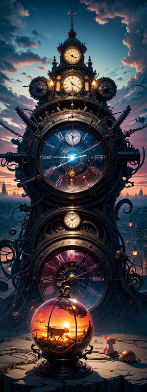 A surrealistic anime landscape unfolds: Salvador Dali's iconic melting clocks and distorted objects blend with vibrant anime colors and stylized characters. In a dreamlike setting, a (((bespectacled anime girl))) with a wispy mustache and curly hair peers out from behind a warped clock face, surrounded by swirling clouds of golden smoke. The cityscape in the background features buildings shaped like snails and mushrooms, while a giant, -pink cat watches over the scene, its eyes glowing like lanterns.,dali69