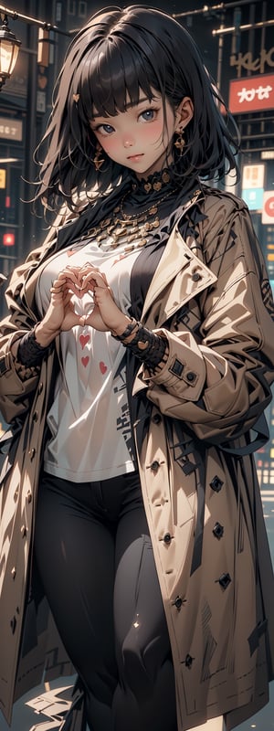 heart hands, own hands together:1), mature female, trench coat, Jeggings ,cool,1girl,((light glod hair)),(( glod hair)