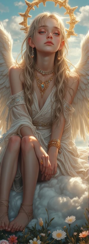 A Fallen angel seated on a billowy cloud, long blonde braids cascading elegantly, striking grey eyes sparkling with ethereal wisdom, snow-white luminous skin radiating an otherworldly glow, transparent veil adorned with shimmering crystals fluttering gently, delicate and airy divine garments layered with elements of crystal, intricate gold bracelets adorning arms and legs, magnificent angel wings unfurling in pure light, golden halo, vibrant sun rays filtering through, illuminating her presence, lush floral meadow beneath, creating an atmosphere of serene love and tranquility, wide-angle view showcasing the heavenly realm.