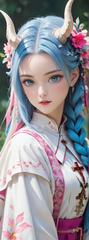 albino Demon Girl, (long intricate horns:1.2),Beautiful nordic girl, a nun adorned in a colorful and stunning floral-patterned habit,(pink wimple),
colorful scapulae,Cross,
Very long braided hair,colorful braided hair,radiating vibrancy and life.,Her attire exudes warmth and kindness, spreading serenity like a blooming garden. With elegant grace, ,mizuki shiranui,aesthetic portrait,ktrmkp,Realistic Blue Eyes,tlps,ct-niji2,FilmGirl