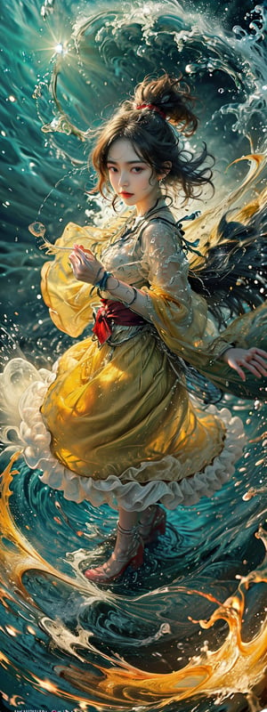 hyper realistic,hyper real,1girl,indian girl, Shirley setia ,fiercely lunges towards her enemy, star in eye, blush, perfect illumination, caramel hair styled as short hair, bright red hair, wearing golden headband around the head, star jewel earing, black eyes,  dressed in outfit with outer golden chest armor, beautiful wings, spraying water droplets in all directions, Gorgeous, ethereal aura, ray tracing, sidelighting, detailed face, bangs, bright skin, dreamlike atmosphere, starry nebula background, Sharp glossy focus, equirectangular 360, Highres 8k, extreme detailed, aesthetic, masterpiece, best quality, rich texture, kinetic move effect, colorful,Movie Still,solo,r1ge,
frown,