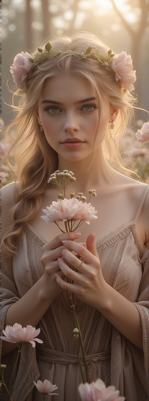 Portrait of a Dutch-Lapland beautiful young lady holding the most delicate flower, blurred forest background, foreground and background covered in flowers, morning sunrise, 8k