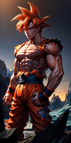 masterpiece, high quality, detailed lighting, son goku, (solo), 1boy, battle damage, (best quality), muscular, blue sky, blurry, blurry background, glacier, male focus, sky, solo, ultra instinct,(( light orange hair)), torn clothes, (good hands), (masterpiece), anatomy, , son goku,son goku,giant_this_guy