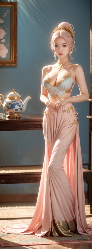 Ceramic material,((light pink hair)), beige gold tone, a 23-year-old Chinese beauty with an elegant and leisurely face, ((big natural breasts)),standing near a gorgeous single baroque sofa with a blue background and gold edges. Her outfit is predominantly white with navy blue trim and detailed with a detailed peony pattern. Her perfect long legs were exposed, and there was a blue and white porcelain teapot and teacup on the table next to the chair, indicating that this was a tea party. The floor beneath her feet was strewn with pearls and red beads. Directly behind the background is a gold-framed Chinese painting, and ornate interior decoration surrounds the central figure, adding to the luxurious feel of the scene.,pastelbg