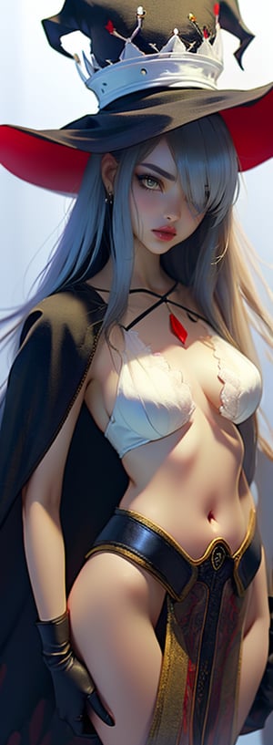  fatima_\(luminous_arc\), witch_hat, fati_dress, long_hair, hair_over_one_eye, navel, gloves, black_cape, beautiful, (masterpiece:1.2), (best quality:1.2), perfect eyes, perfect face