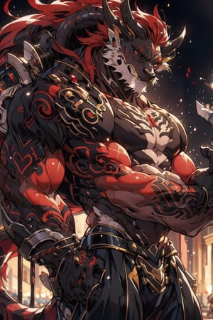 solo, long hair, looking at viewer, red eyes, 1boy, male focus, red hair, horns, pants, from side, tattoo, muscular, facial hair, pectorals, muscular male, bara, beard, furry, large pectorals, topless male, mature male, furry male, tusks, dragon boy,dragonknight,realhands,Mecha body