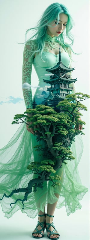 Create a majestic 8K resolution 3D double exposure artwork featuring a fullbody silhouette of 23 years old ((light green hair))Japanese beauty in green and white gauze dress, bright blue eyes, {beautiful delicate eyes}, colorful long hair, hourglass figure, beautiful legs, hot figure, set against a japanese garden. Within this beauty's form, incorporate: 

Inside woman's silhouette, depict Japanese castle,Midjourney_Whisper