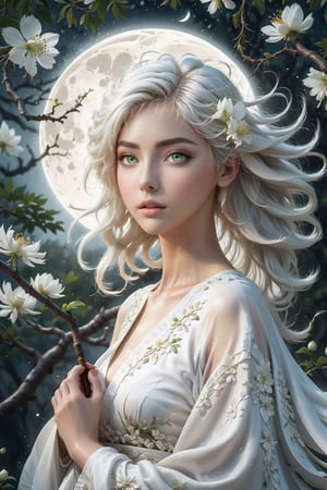 art style, intricate Portrait of  beautiful Japanese girl ,siting on tree, paying flute with white flowy hair wearing a treditonal white , white dress with a silk vibrant white color, hyperdetailed face, hyperdetailed eyes, sharp focus on eyes, 8k UHD, work of beauty and inspiration, flowercore, wide angle  ,alberto seveso style ,A white  flower petals flying with the wind ,large full-moon background ,  glowing fractal art elements  hazel eyes,Anime ,photo r3al