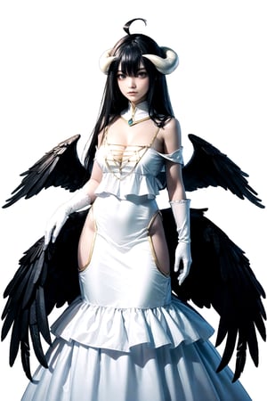 //Quality,
masterpiece, best quality
,//Character,
1girl, solo
,//Fashion,
,//Background,
white_background
,//Others,
,al1, demon horns, white gloves, white dress, bare shoulders, detached collar, cleavage, slit pupils, black wings, feathered wings, low wings,white dress,detached collar, full_body