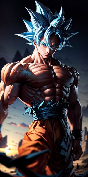 masterpiece, high quality, detailed lighting, son goku, (solo), 1boy, battle damage, (best quality), muscular, blue sky, blurry, blurry background, glacier, male focus, sky, solo, ultra instinct,(( light blue hair)), torn clothes, (good hands), (masterpiece), anatomy, , son goku,son goku,giant_this_guy