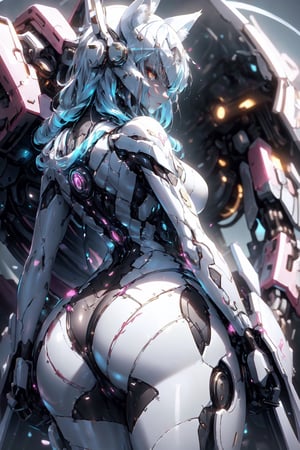 (masterpiece, best quality, volumetric lighting, absurdres, 8k, chiaroscuro lighting, Saturated_colors, intricately_detailed, neotech), ((slick)), wide_hips, (1_girl, white_metal_body, faceless, cute, cyan_neon_trim, helmet_with_blue_visor, long_twintails,), yareli, Style_SM,Holosw, 1girl, solo, long_hair, breasts, looking_at_viewer, smile, open_mouth, brown_hair, red_eyes, big dress, animal_ears, jewelry, very_long_hair, tail, :d, sky, day, fang, looking_back, cloud, necklace, wolf_ears, foreshortening, wolf_tail, pouch, city, wolf_girl,yareli, light, fairy_wings, , totally beautiful red eyes & hair sadistic killer, holding a knife, knife, lots of blood around, hired killer, bloody clothes, bloody hands, bloody faces, crazy faces and expressions,neotech,mecha