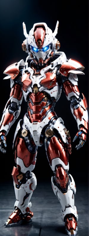 fullbody photo of a boy in a mech suit, fullbody armor, red metalic armor, white part, intricate detailed, neons, detailed armor, elegant, sharp focus (masterpiece),cyborg style,Movie Still,oni style,mecha,robot,body armor