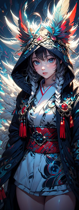 A girl with long indigo hair, fur hooded kimono, indigo hooded kimono, miniskirt, night streets. (Cinematic lighting, ethereal light, intricate details, extremely detailed, incredible details, full colored), complex details, hyper maximalist, masterpiece, best quality, HDR, UHD, unreal engine. head to thigh,xuer peacock feather