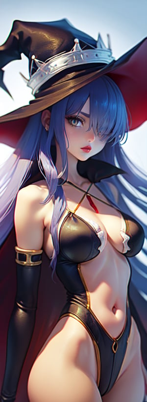  fatima_\(luminous_arc\), witch_hat, fati_dress, long_hair, hair_over_one_eye, navel, gloves, black_cape, beautiful, (masterpiece:1.2), (best quality:1.2), perfect eyes, perfect face