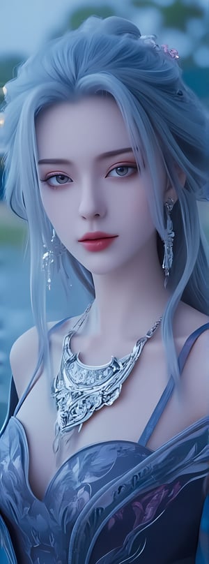 Score_9, score_8_up, score_7_up, score_6_up, 1girl, 23-year-old beauty, looking at the audience, solo,((light blue hair)) gorgeous, perfect face, exquisite facial features, delicate blue eyes, eye shadow, long eyelashes, elegant long blue curly hair, shut up , red lips, lipstick, makeup, upper body, off the shoulders, gorgeous blue and purple dress, jewelry, earrings, portrait, close-up, stunning scenery