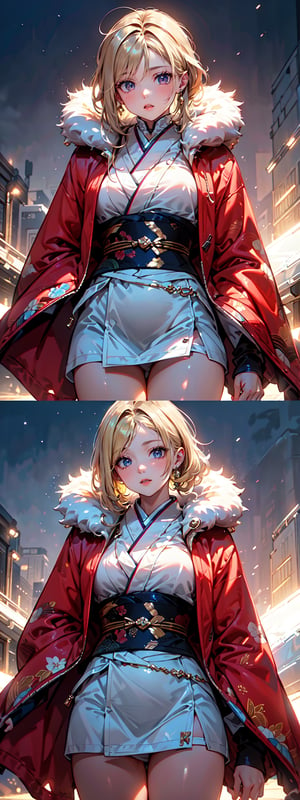 A girl with long blonde hair, fur hooded kimono, red hooded kimono, miniskirt, night streets. (Cinematic lighting, ethereal light, intricate details, extremely detailed, incredible details, full colored), complex details, hyper maximalist, masterpiece, best quality, HDR, UHD, unreal engine. head to thigh,1girl