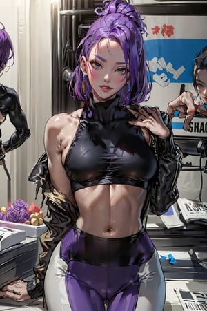 (masterpiece, best quality), 1lady, milf,((purple hair)),
(short Track jacket), high-waist leggings, cropped top, (underboob:1.15), beanie, High Sneakers
blonde bob cut, big breasts
in studio, white backgroud, hands in pocket, (from front:1.2), looking at viewer, sit,xiala,Detailedface,Young beauty spirit 