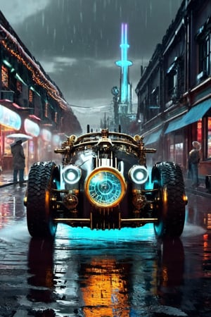 (Cyber steampunk car. aurora headlights. A thin neon line on the car body. The city at dusk. A world-famous design image that defies the laws of physics. Advanced artificial intelligence systems that blur the line between human consciousness and cybernetics. Travel to the end of time and the thermal death of the universe and the collapse of all matter and energy. 3D rendering, cybernetic realism, surreal photography with an isometric center on the cover, and an amazing full-color dark urban atmosphere drenched in rain.), Detailed Textures, high quality, high resolution, high Accuracy, realism, color correction, Proper lighting settings, harmonious composition, Behance works,c_car,science fiction,Concept Cars,DonMSt34mPXL