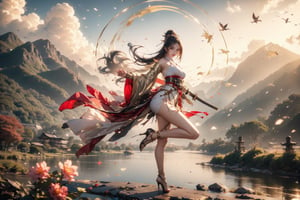 1girl, sweet,full body, big breasts, background is winter, snowy garden,((big natural breasts)), 1 girl, beautiful girl, female samurai, holding Japanese sword, shiny bracelet, beautiful Hanfu (white, transparent), cloak , solo, {beautiful and delicate eyes}, calm expression, natural soft light, delicate facial features, very small earrings, ((model pose)), charming body shape, (Glazed color hair: 1.2), honeycomb, Long ponytail, very long hair, hair past hips, ((gold strappy high heels)) fine grain, real handwork, masterpiece, best quality, realistic, super detailed, fine, high resolution, perfect dynamic composition, beautiful detailed eyes , eyes smile, ((nervous and awkward)), sharp focus, full body, sexy pose, cowboy_shot, samurai girl, glowing forehead, lights, katana (samurai sword), girl, Yazawa Ai style girl, samurai, Perfect, beautiful legs and hot body