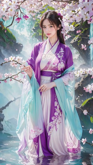 (masterpiece, top quality, best quality, official art, beautiful and aesthetic:1.2),((big natural breasts)), (1girl), extreme detailed,(abstract, fractal art:1.3),highest detailed, ((half body view)),detailed_eyes, light_particles, hanfu,jewelry, sexy, ,purple,cherry blossom,The left hand's orchid fingers pinch a branch blooming with cherry blossoms,The right hand's orchid fingers lightly pinch the left sleeve,see-through