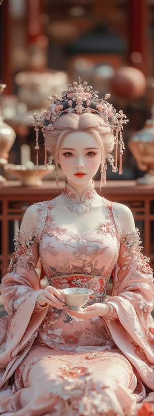 Score_9, score_8_up, score_7_up, a beautiful beauty with ancient oriental charm,((light pink hair)) wearing a red gold phoenix embroidered wedding (pink dress0, with an elegant frontal posture, surrounded by the splendor of a luxurious wedding banquet. With her long legs stretched out on the ground and a cup of tea in her hand, she exuded a calm demeanor. The Tang Dynasty-style headdress and jewelry added to her beauty, (pink the teal )open sleeves and thin shoulders highlighted her curves. In the background, the luxurious interiors of the mansion create a lively atmosphere, and the panoramic view transports the viewer into this unforgettable moment. Movie special effects style.