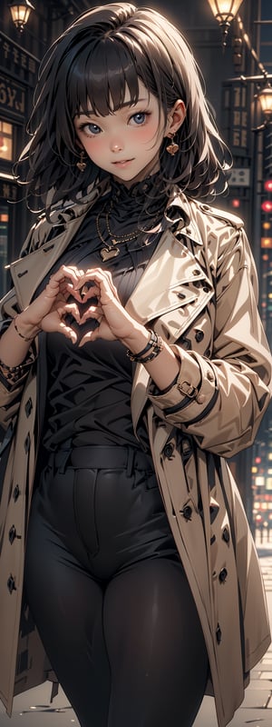 heart hands, own hands together:1), mature female, trench coat, Jeggings ,cool,1girl,((light glod hair))