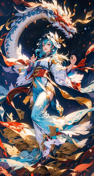 masterpiece, top quality, best quality, official art, beautiful and aesthetic:1.2), (1girl:1.9), purple-blue color long hair, ((multi-colored hanfu fashion)), wind blows, chinese dragon, golden line, (red theme:1.3), ultra-high quality, photorealistic, sky background, dynamic pose, icemagicAI,dragonbaby