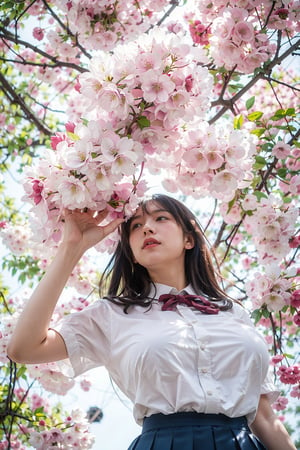 masterpiece,  highest quality,  8K,  RAW photo,
BREAK
1 japanese girl, high school student, school uniform, big breast, (haircut of uniform length), (one length), Beautiful shiny black hair, straight hair, messy hair, pale white skin, white skin, full body to the toes,  beautiful thighs, (navy blue pleated skirt), 
BREAK
profile, looking up, close eyes, standing under the cherry trees, ((Cherry blossom storm)), cherry blossom petals are falling, reach out a hand, ((angle from below)), dimly light,  at night, high_school_girl, best quality,CherryBlossom_background