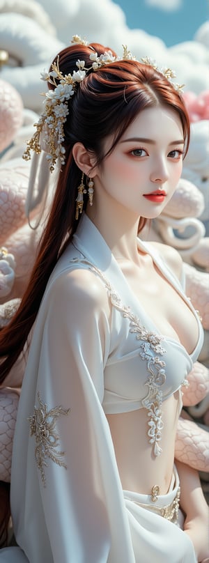 Score_9, score_8_up, score_7_up, score_6_up, magazine cover, with title "The Legend of White Snake",((red hair)) a stunning ancient oriental beauty with a perfect figure, wearing white Hanfu, with exquisite facial features and exquisite black eyes, a white snake behind her. Her silky dress had intricate patterns that added a touch of glamor to her outfit. The woman wears a hairpin on her head, her long black hair is tied into a bun at the back of her head, and she wears gold earrings. The background is the Forbidden City in the sky, with colorful clouds blending together, adding depth to the scene. Movie special effects grade style.