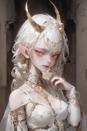 Aesthetics art,official art,big breasts,
(full body),(long intricate horns:1.2) ,albino Carved porcelain cyborg demons girl, Pure white long Pigtail hair,different full body modelposition with enchantingly beautiful, alabaster skin, A benevolent smile,girl has Beautiful deep red eyes,soft expression,Depth and Dimension in the Pupils, Her porcelain-like white cyborg skin reflects an almost celestial glow,
Wearing medieval Arabian dress with a white theme,The gown is crafted from luxurious white fabrics, adorned with intricate golden embroidery that weaves across the bodice and sleeves,modest yet elegant necklace, featuring delicate white lace that adds a touch of refinement,real_booster,aesthetic portrait,kafka