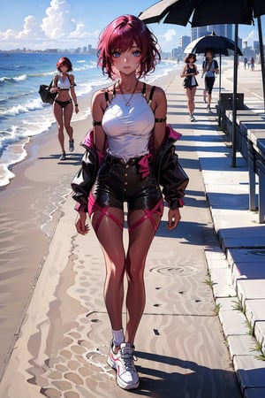 Beautiful grown woman, dark red hair, short hair with fade, bangs, large breasts, in bikini, normal sneaker, walking on sidewalk beach background, masterpiece, best quality,SHIRT