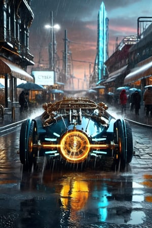 (Cyber steampunk car. aurora headlights. A thin neon line on the car body. The city at dusk. A world-famous design image that defies the laws of physics. Advanced artificial intelligence systems that blur the line between human consciousness and cybernetics. Travel to the end of time and the thermal death of the universe and the collapse of all matter and energy. 3D rendering, cybernetic realism, surreal photography with an isometric center on the cover, and an amazing full-color dark urban atmosphere drenched in rain.), Detailed Textures, high quality, high resolution, high Accuracy, realism, color correction, Proper lighting settings, harmonious composition, Behance works,c_car,science fiction,Concept Cars,DonMSt34mPXL