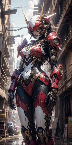 highres, Ultra HD, ultra detailed, cinematic poster, (1girl), dressed in a dark red and purple mecha bikini, hands holding a mobile device and in henshin pose, wearing a mecha helmet, the background is a high-tech lighting  scene of the future cyberpunk city, gleaming, sparkling light,wrenchsmechs