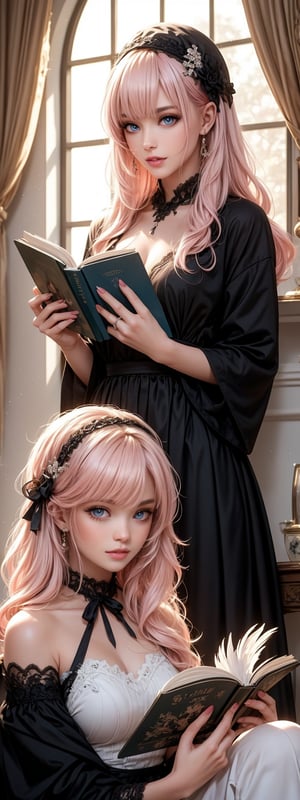 Mirror surface reflecting the image of two girls,two girls with distinct hairstyles sit indoors on a sunny day. ((light pink hair))The first girl has long blonde hair and blunt bangs, parted lips, and piercing blue eyes gazing at another. Her friend sports black hair adorned with a hair ornament, red eyes, and a black dress. The third girl features long dark locks and ahoge framing her face as she reads a book by the window. Reflections of the girls' white feathered wings are visible in the glass, while books stacked behind them create a cozy atmosphere.