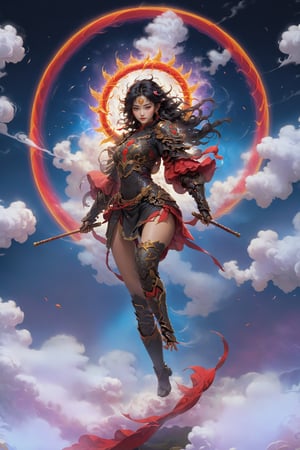 cinematic, ultra realistic, a   girl, short black hair, lighting as part of human body, red armor,((big natural  breasts)), ((holding weapon with spear on fire)), ((Wearing a golden circle from the left shoulder to the right side of the knee)), sparks and surges, good and clear facial features, (((light red aura flower of life as read geometry background))), ready to print, vibrant, Sci-fi, Leonardo Style, high_mountain, (step hot wheels), glowing aura, (red strips of cloth are flying around, red strips embrace his silhouette), light particles,magic circle, (floating_aura:1.4), energy spiral, fantastic atmosphere, fantastic sense of light, science fiction, bloom, Bioluminescent, liquid, floating_fragments:1.3, (depth_of_field:1.4), mythical clouds, ((rainbow_cloud)),aesthetic portrait