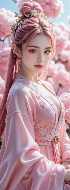 Score_9, score_8_up, score_7_up, score_6_up, magazine cover, with title "The Legend of White Snake",((pink hair)) a stunning ancient oriental beauty with a perfect figure, wearing pink Hanfu, with exquisite facial features and exquisite black eyes, a pink snake behind her. Her silky dress had intricate patterns that added a touch of glamor to her outfit. The woman wears a hairpin on her head, her long pink hair is tied into a bun at the back of her head, and she wears gold earrings. The background is the Forbidden City in the sky, with colorful clouds blending together, adding depth to the scene. Movie special effects grade style.